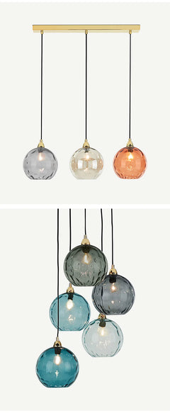 Fluted Glass Globe Cluster Pendant Light, Multicolour Finish on a 70cm Gold Bar, 3 Light, Bulb Not Included, Dining Table & Living Room