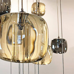 Smoked and Amber Glass Cluster Pendant Light, Mini Cluster, Rounded Cushion Shades, Stairwell, Dining Room & Living Room