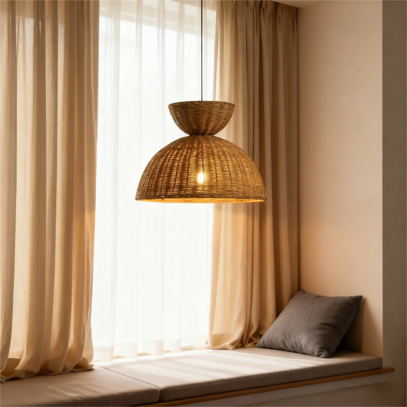 Woven Rattan Dome Pendant Light, Natural Finish, Collar Top Silhouette, Kitchen Island, Dining Table & Living Room