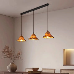 Ochre Textured Fabric Cone Pendant Light, Three-Shade Cluster, Rustic Mountain Silhouette, Dining Table & Hallway