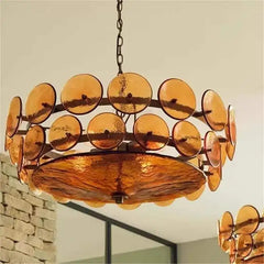 Hammered Green Glass Disc Drum Chandelier, Chain Suspended, Warm Textured Glow, Dining Room & Kitchen Island