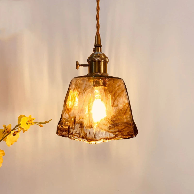 Amber Glass Ruffled Bell Pendant Light, 14cm Shade, Brushed Brass Fitting, Twisted Cord, Bedside & Living Room