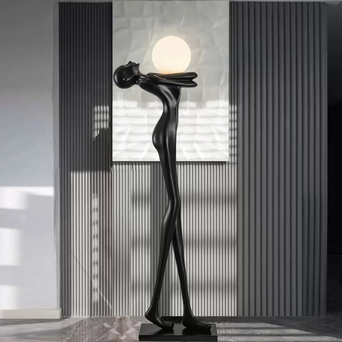 Matt Black Resin Figure Floor Lamp, 185cm Bowed Standing Form, Integrated Sphere Light, Living Room & Hallway Corner