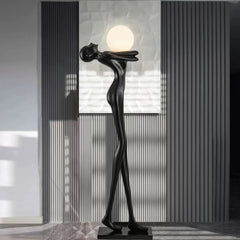 Matt Black Resin Figure Floor Lamp, 185cm Bowed Standing Form, Integrated Sphere Light, Living Room & Hallway Corner