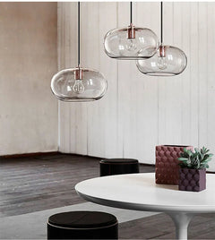 Smoked Brown Glass Ellipse Pendant Light, Rounded Drum on a Copper Cap, Bulb Not Included, Dining Table & Living Room