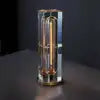 Clear Crystal Column Table Lamp, Faceted Glass with a Visible Filament Tube, Round Brass Base, Bedside & Console