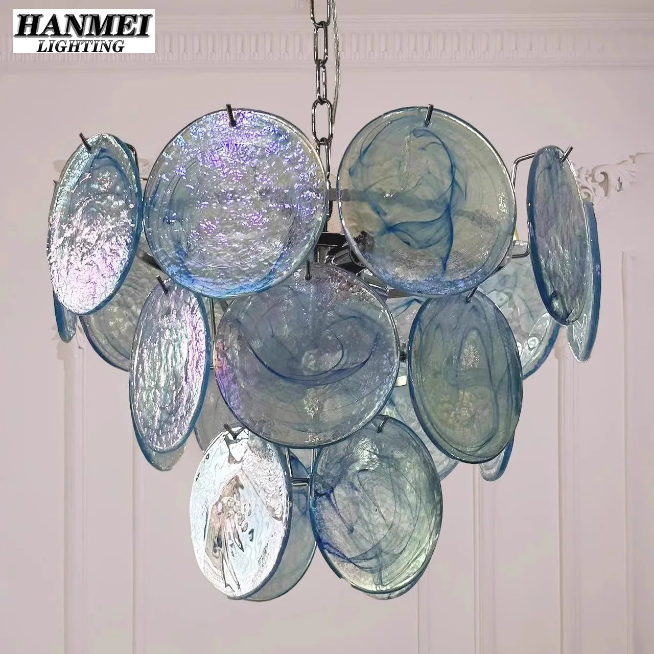 Textured Blue Glass Disc Chandelier, Polished Chrome Frame, Chain Suspension, D60 x H38cm, Dining Room & Living Room
