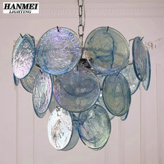 Textured Blue Glass Disc Chandelier, Polished Chrome Frame, Chain Suspension, D60 x H38cm, Dining Room & Living Room