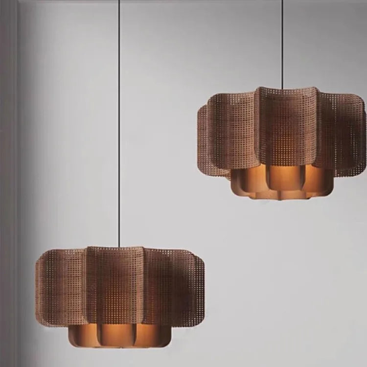 Woven Rattan Drum Pendant Light, Fan Pleated Open Weave Panels, Warm Brown Finish, Dining Table & Kitchen Island