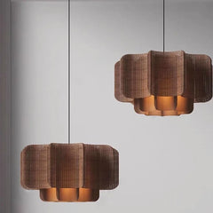 Woven Rattan Drum Pendant Light, Fan Pleated Open Weave Panels, Warm Brown Finish, Dining Table & Kitchen Island
