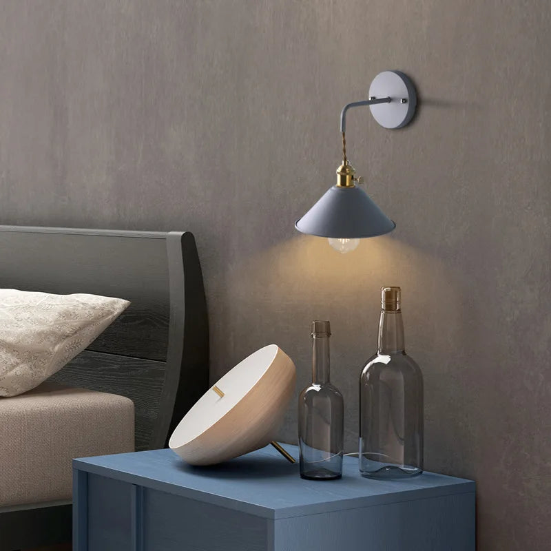Matt Cone Metal Wall Light, Sky Blue Finish, Brass Swivel Joint, Bare Bulb Industrial Style, Hallway & Living Room Accent