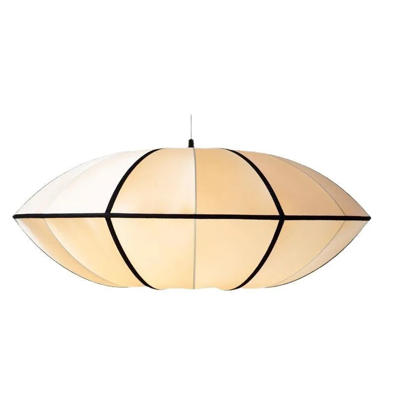 Pleated White Fabric Ellipse Pendant Light, Pointed Lantern Silhouette, Black Trim, 40cm, Bulb Not Included, Living Room & Bedroom
