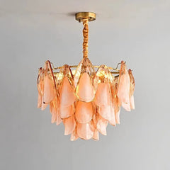 Frosted Peach Glass Tiered Petal Chandelier, 600 Frame Size, Layered Ruffled Shades, Brass Rope Wrapped Stem, Dining and Living Room