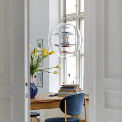 Clear Glass Sphere Pendant Light, Chrome Inner Discs with Colour Accents, Danish Design Silhouette, Dining Table