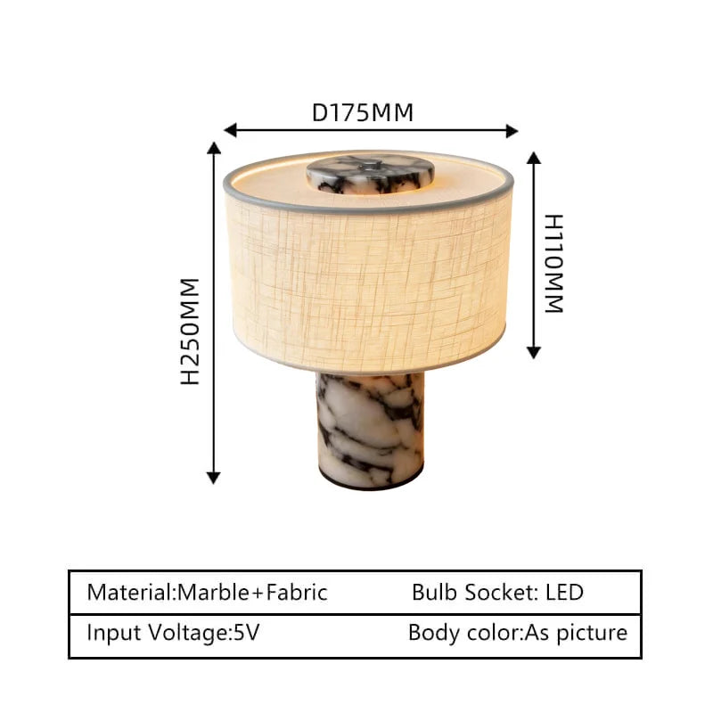 Rosso Levanto Marble Column Table Lamp, Natural Linen Drum Shade, Individually Veined Stone, Living Room, Bedroom & Console