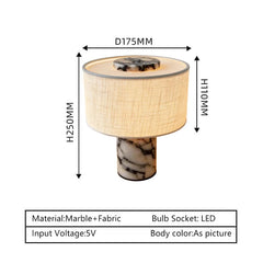 Rosso Levanto Marble Column Table Lamp, Natural Linen Drum Shade, Individually Veined Stone, Living Room, Bedroom & Console
