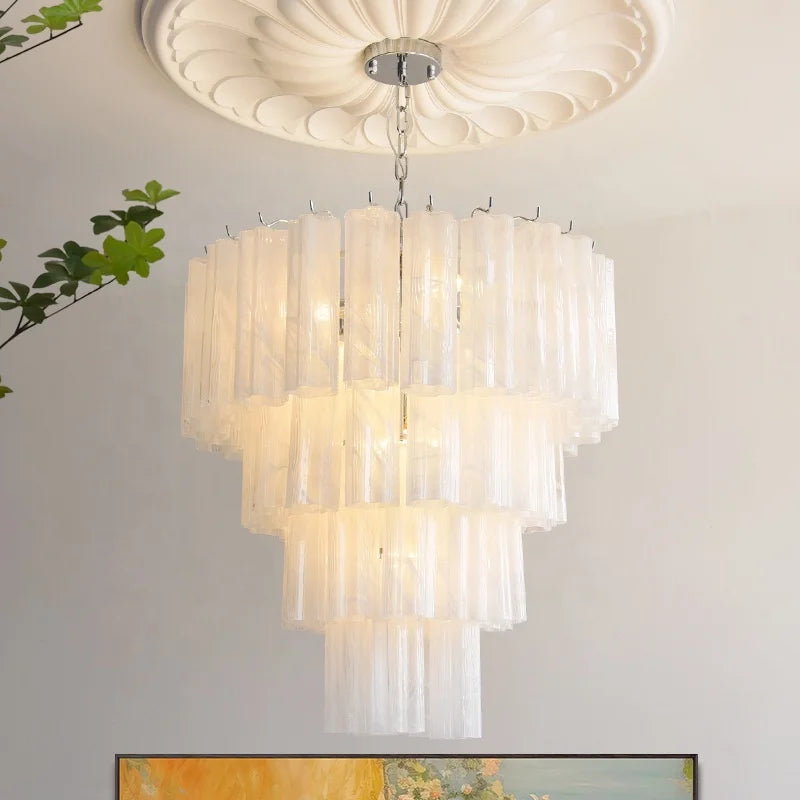Fluted White Opal Glass Tiered Chandelier, Chrome Chain Suspension, Four-Tier Silhouette, 80cm, Dining Room & Living Room
