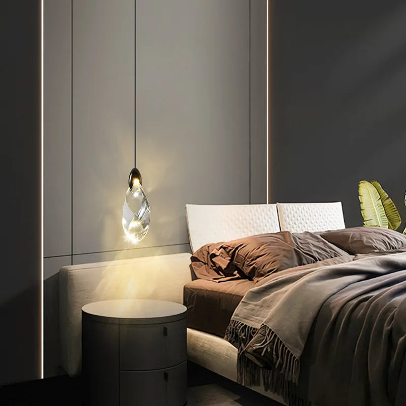 Faceted Crystal Teardrop Pendant Light, Twisted Clear Glass Drop on a Black Cord, Ceiling Suspended, Bedside & Landing