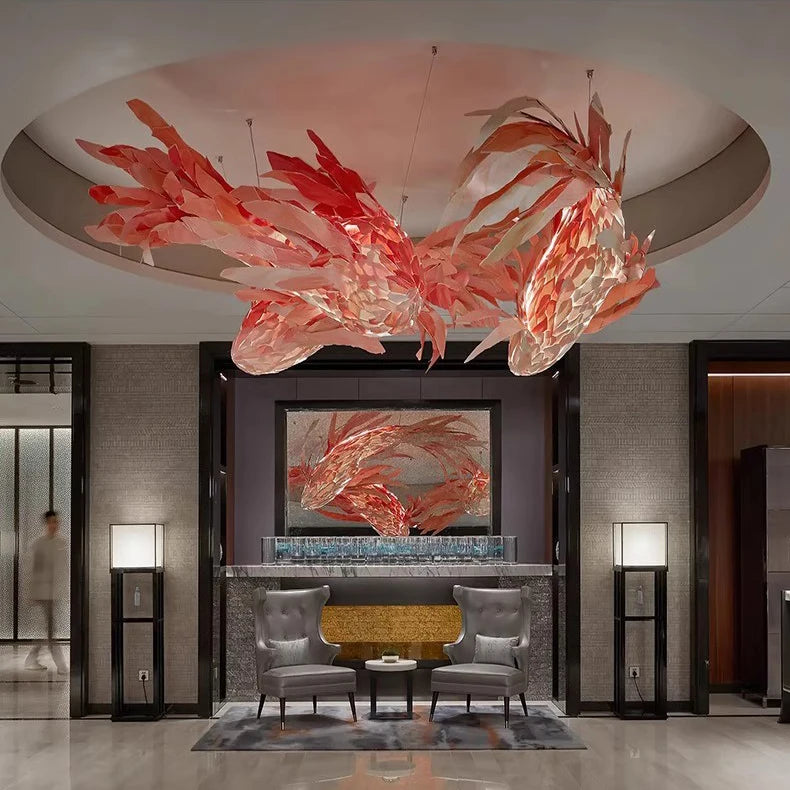 Textured Wood Koi Fish Pendant Light, Layered Sculptural Form, Integrated LED, 250cm Drop, Stairwell, Hallway & Dining Room