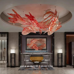 Textured Wood Koi Fish Pendant Light, Layered Sculptural Form, Integrated LED, 250cm Drop, Stairwell, Hallway & Dining Room