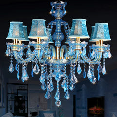 Blue Glass Branch Chandelier, 8 and 4 Candle Style Arms, Gold Fittings, Crystal Drops, Without Shades, Dining and Living Room