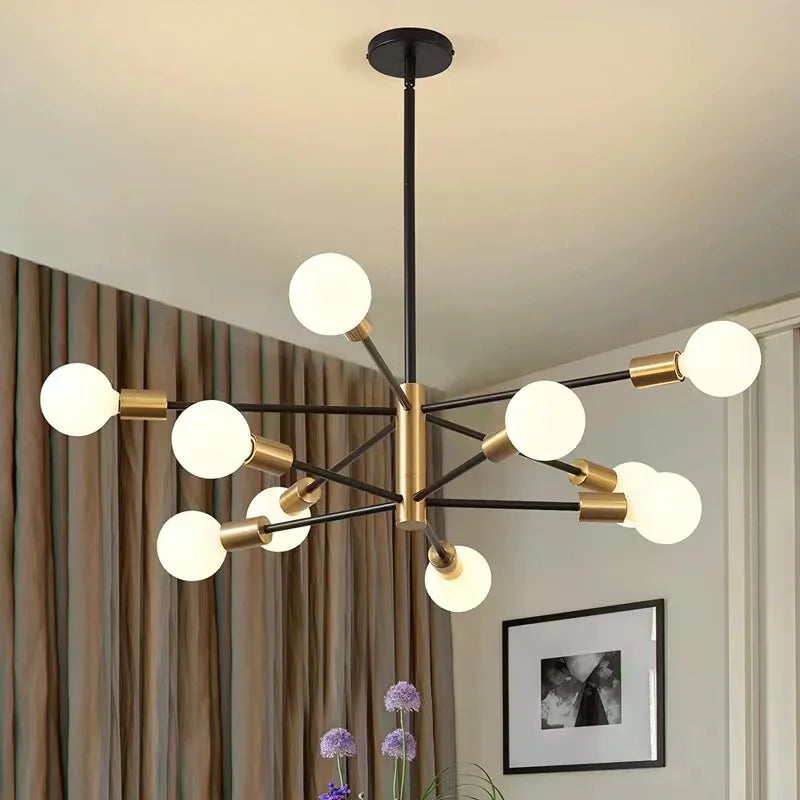 Black and Brass 8 Light Sputnik Chandelier, Asymmetric Rods with Exposed Globe Bulbs, Central Brass Hub, Dining Room & Living Room
