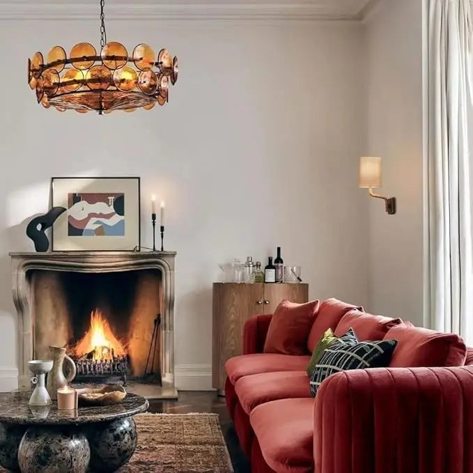 Textured Amber Glass Drum Chandelier, Layered Overlapping Discs, Brass Pin Detail, Integrated LED, Bedroom & Living Room