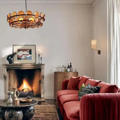 Textured Amber Glass Drum Chandelier, Layered Overlapping Discs, Brass Pin Detail, Integrated LED, Bedroom & Living Room