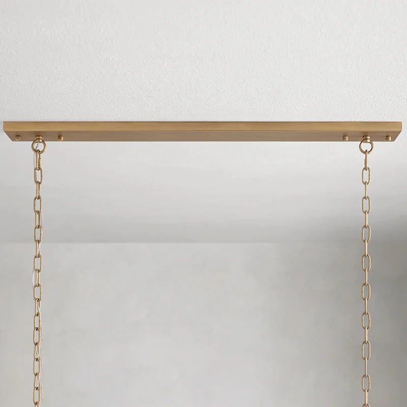 Faceted Crystal Linear Bar Chandelier, Brass Frame, Clear Crystal Prisms, Double Chain, Single Fixed Style, Dining Room and Stairwell