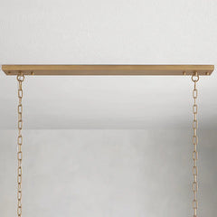 Faceted Crystal Linear Bar Chandelier, Brass Frame, Clear Crystal Prisms, Double Chain, Single Fixed Style, Dining Room and Stairwell