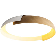 Matt White and Wood Ring Flush Ceiling Light, Two Tone Frame, Opal Diffuser, Integrated LED, Living Room, Hallway & Bedroom