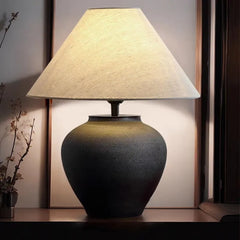 Textured White Ceramic Urn Table Lamp, Natural Linen Cone Shade, Rounded Silhouette, Bedside, Console & Living Room