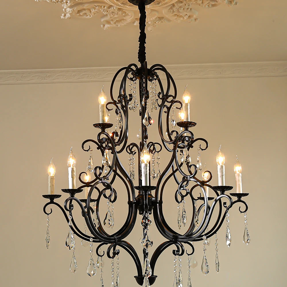 Scrolled Black Iron Branch Chandelier, 18 Light, Clear Crystal Drops, Two Tier Frame, Dining Room and Stairwell