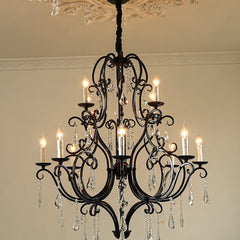 Scrolled Black Iron Branch Chandelier, 18 Light, Clear Crystal Drops, Two Tier Frame, Dining Room and Stairwell