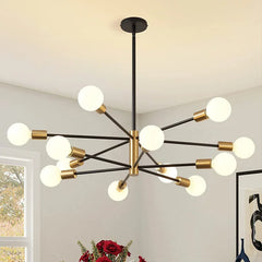 Black and Brass 8 Light Sputnik Chandelier, Asymmetric Rods with Exposed Globe Bulbs, Central Brass Hub, Dining Room & Living Room