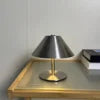 Brushed Chrome Cone Shade Table Lamp, Slim Chrome Stem, Round Disc Base, Adjustable Colour, Bedside & Home Office Desk