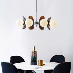 Opal Glass Cluster Chandelier, Chrome Finish, 5 Light Opal Glass Spheres with Brown Fin Panels, Dining Room, Living Room & Bedroom