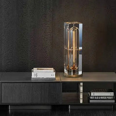 Clear Crystal Column Table Lamp, Faceted Glass with a Visible Filament Tube, Round Brass Base, Bedside & Console