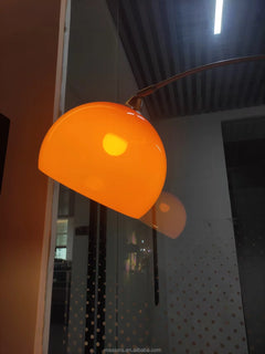 Glazed Amber Glass Dome Arc Floor Lamp, Polished Chrome Curved Pole, Round Marble Base, Living Room & Reading Corner