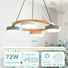 Textured Wood Ring Chandelier, 4 Multicolour Drum Shades, Resin Bird Detail, Natural Finish, Dining Room & Living Room