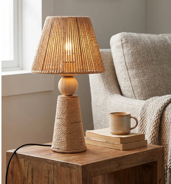 Woven Paper Rope Cone Table Lamp, Amber Finish, Turned Wood Ball Waist, Handmade Texture, Bedside, Console & Living Room
