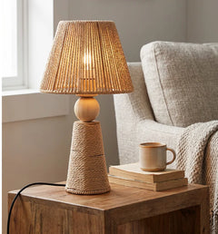 Woven Paper Rope Cone Table Lamp, Amber Finish, Turned Wood Ball Waist, Handmade Texture, Bedside, Console & Living Room