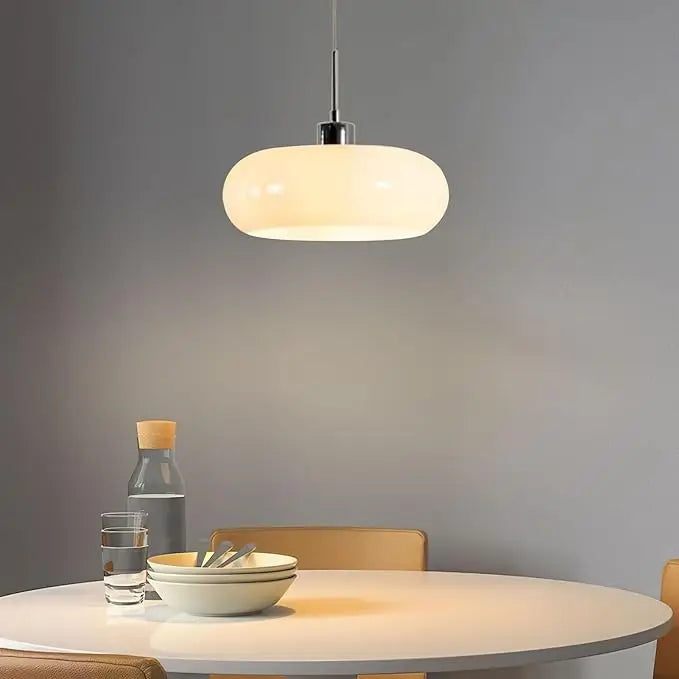 Brown Opal Glass Ellipse Pendant Light, Rounded Drum on a Slim Chrome Cord, Dining Table, Kitchen Island & Living Room