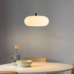 Brown Opal Glass Ellipse Pendant Light, Rounded Drum on a Slim Chrome Cord, Dining Table, Kitchen Island & Living Room
