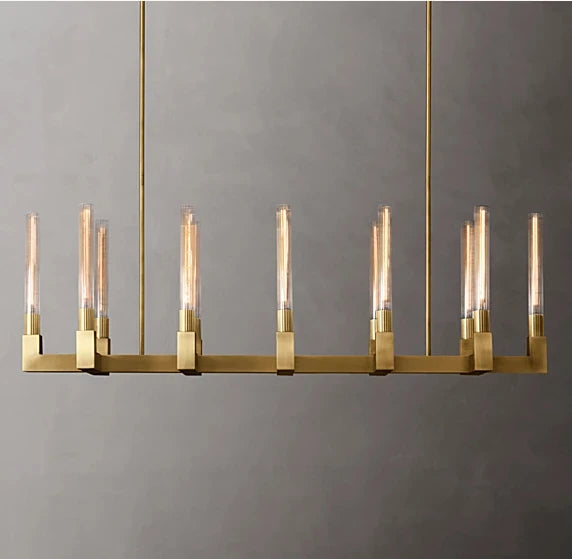 Fluted Glass Tube Linear Bar Chandelier, Bronze Finish, Modern Design, Tubes Set at Two Heights, Dining Room