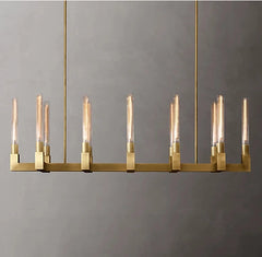 Fluted Glass Tube Linear Bar Chandelier, Bronze Finish, Modern Design, Tubes Set at Two Heights, Dining Room