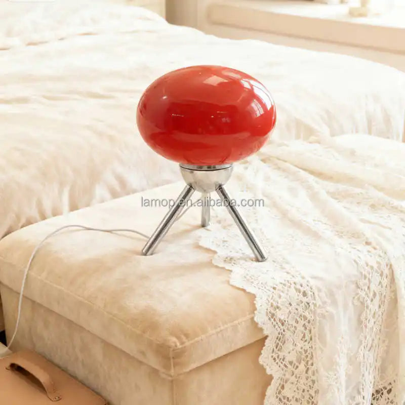 Glossy Red Ellipse Glass Table Lamp, Splayed Chrome Tripod Base, No Separate Shade, Bedside & Living Room Accent Piece