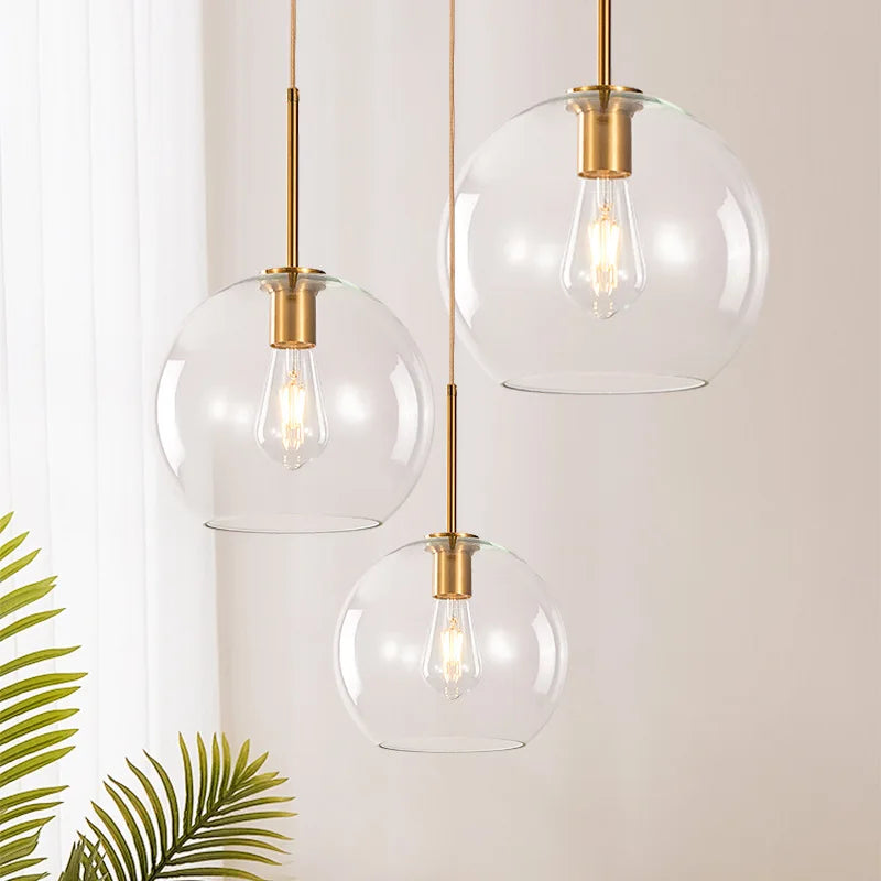 Clear Glass Globe Pendant Light, Brass Rod Suspension, Contemporary Style, Kitchen Island, Dining Table & Living Room
