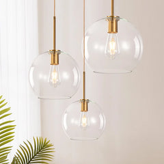 Clear Glass Globe Pendant Light, Brass Rod Suspension, Contemporary Style, Kitchen Island, Dining Table & Living Room