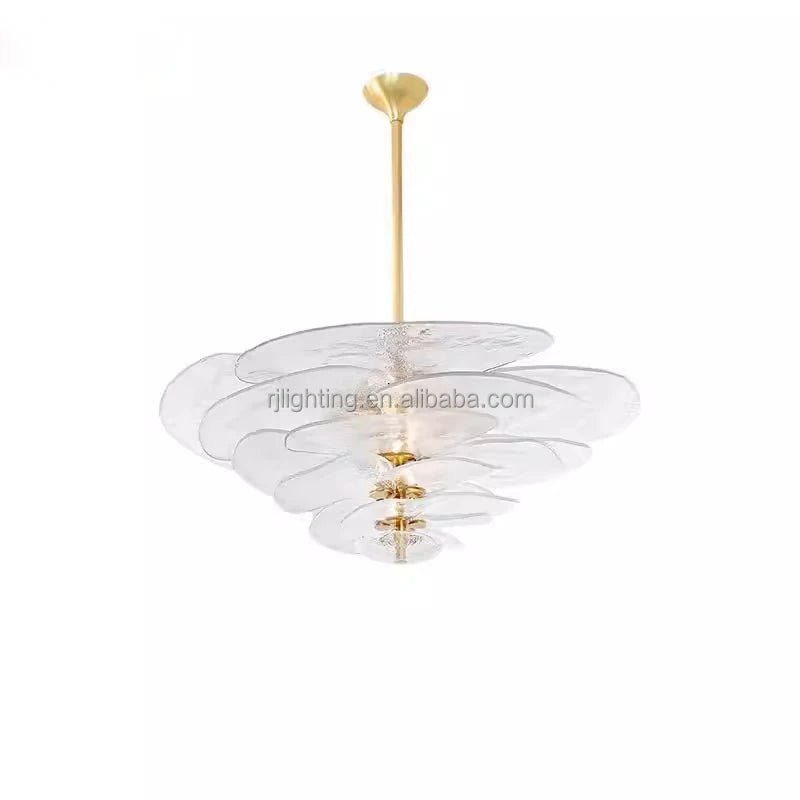 Sculptural Clear Textured Glass Petal Cluster Chandelier, Layered Radiating Panels, Brass Stem, Dining Room & Stairwell